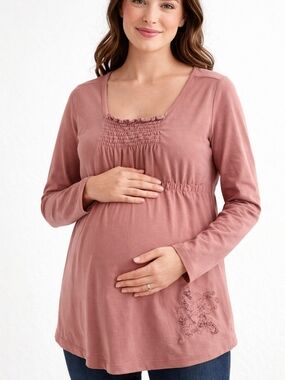 Thyme Maternity Top XL Pink Smocked Empire Waist Long Sleeve Pregnancy Blouse